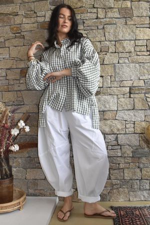 Ginny Gingham Balloon Sleeve Blouse Khaki